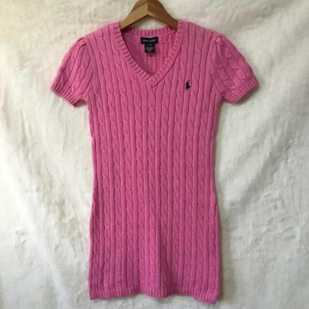 Ralph Lauren Girl Pink Cable Knit V-Neck Dress